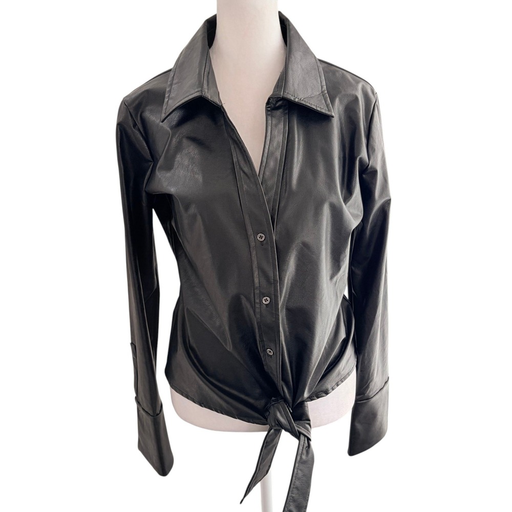Boston Proper Faux Leather Shirt Small Edgy Black Tie Front Button Down Blouse‎